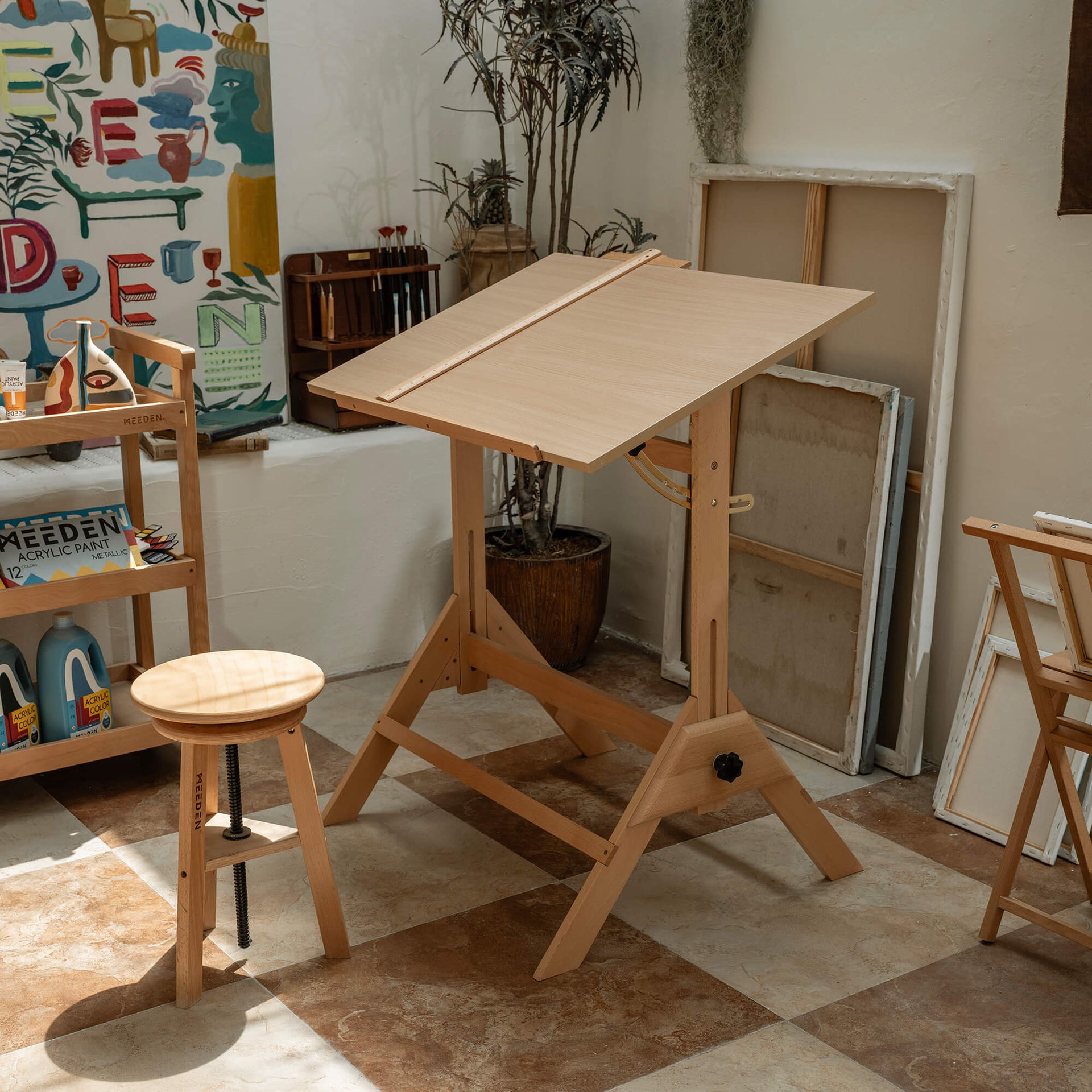 MEEDEN Adjustable Wooden Drafting Table & Stool Set , Natural-XSZ-2