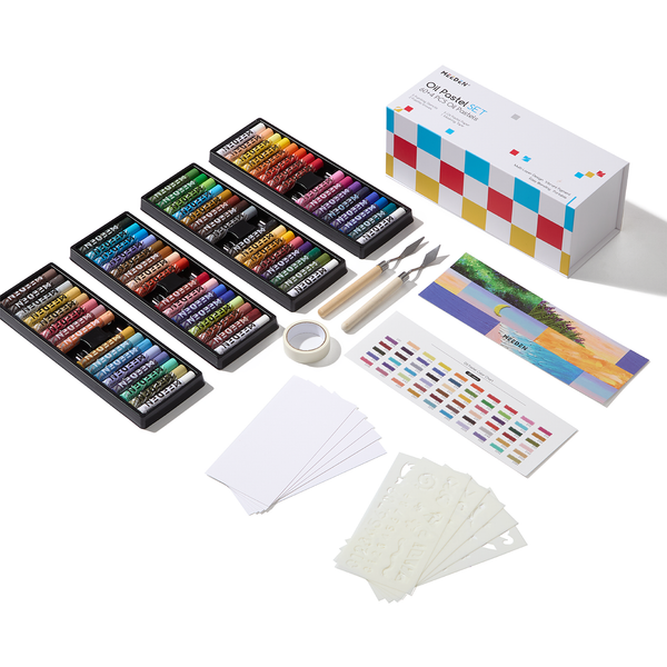 MEEDEN Soft Oil Pastel Kit, 90Pcs Complete Painting Set with Pastel Paper, Stencils & Palette Knives