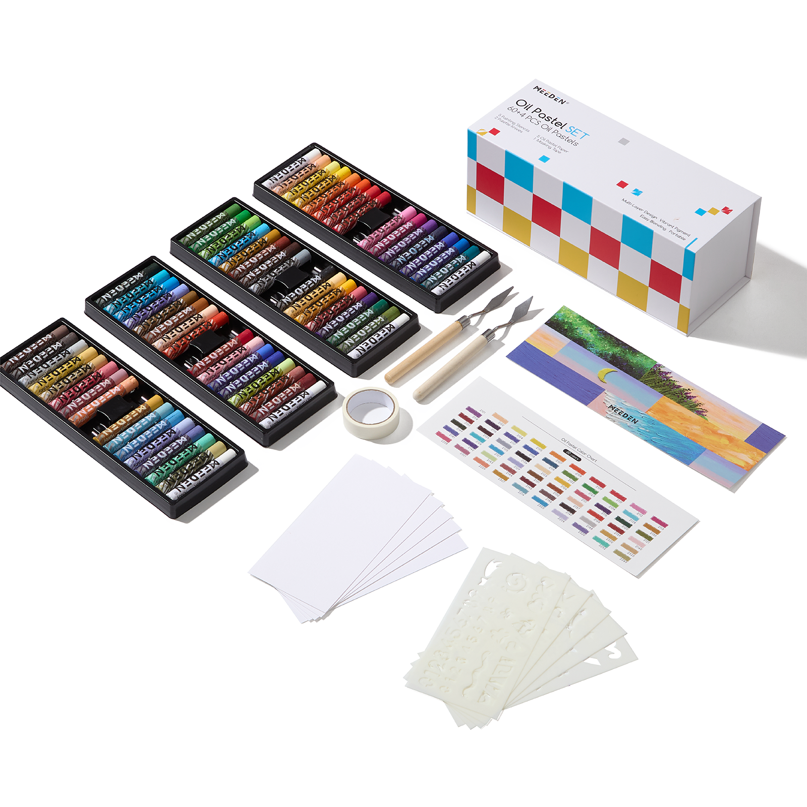 MEEDEN Soft Oil Pastel Kit, 90Pcs Complete Painting Set with Pastel Paper, Stencils & Palette Knives