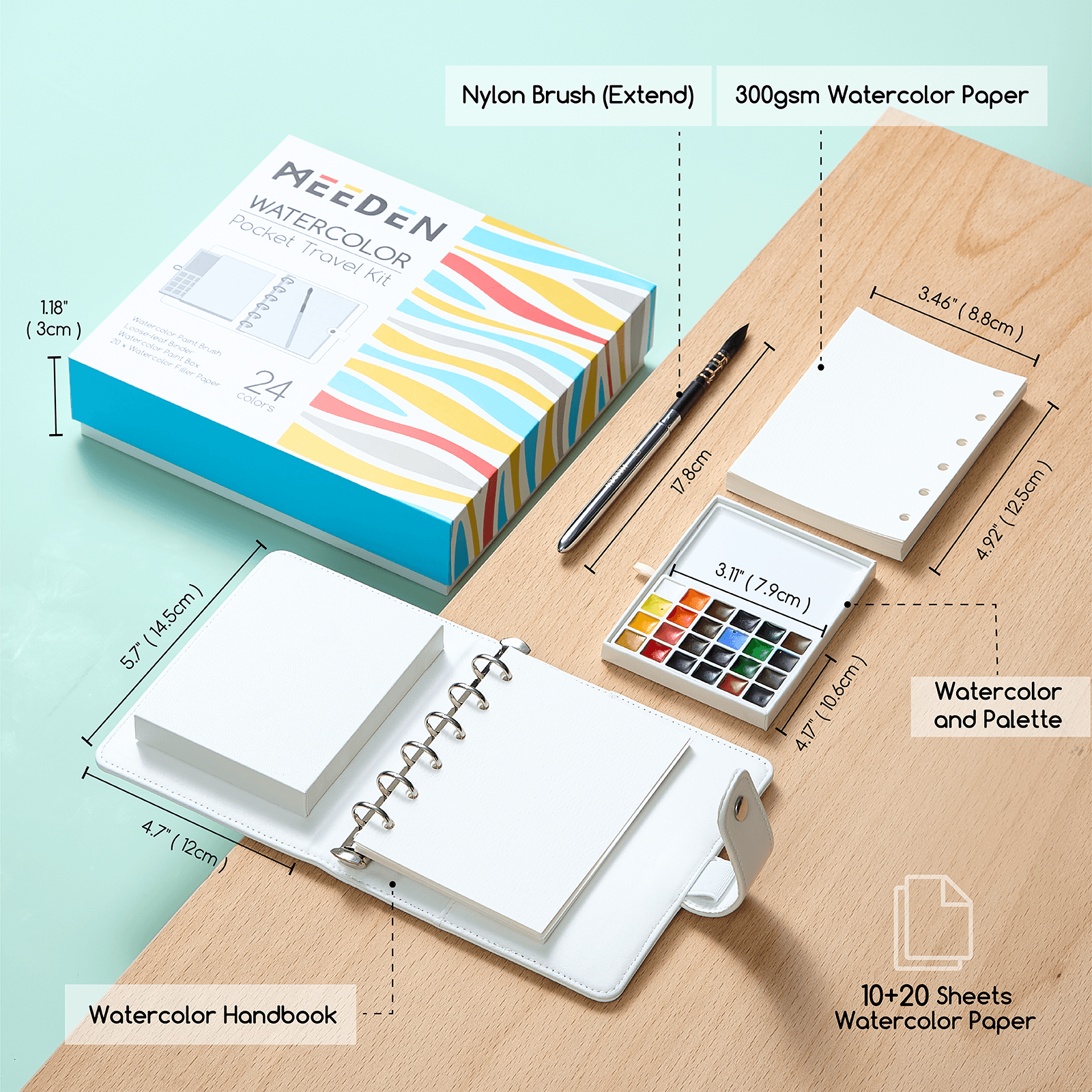 MEEDEN Travel Watercolor Sketch Set, 24 Colors Portable Painting Kit with Paper Brush Palette