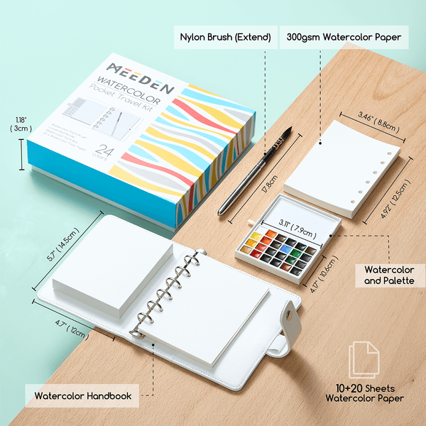 MEEDEN Travel Watercolor Sketch Set, 24 Colors Portable Painting Kit with Paper Brush Palette