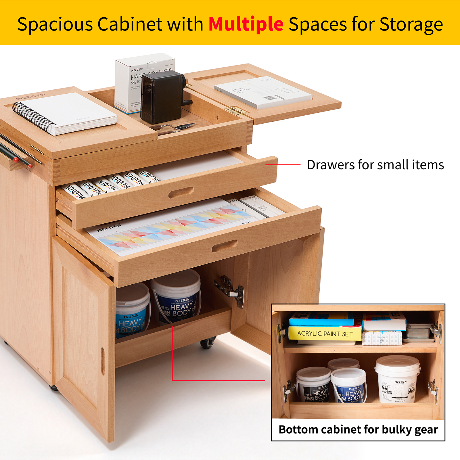MEEDEN Deluxe Storage Cabinet Cart: Movable Art Cart for Painting - Natural
