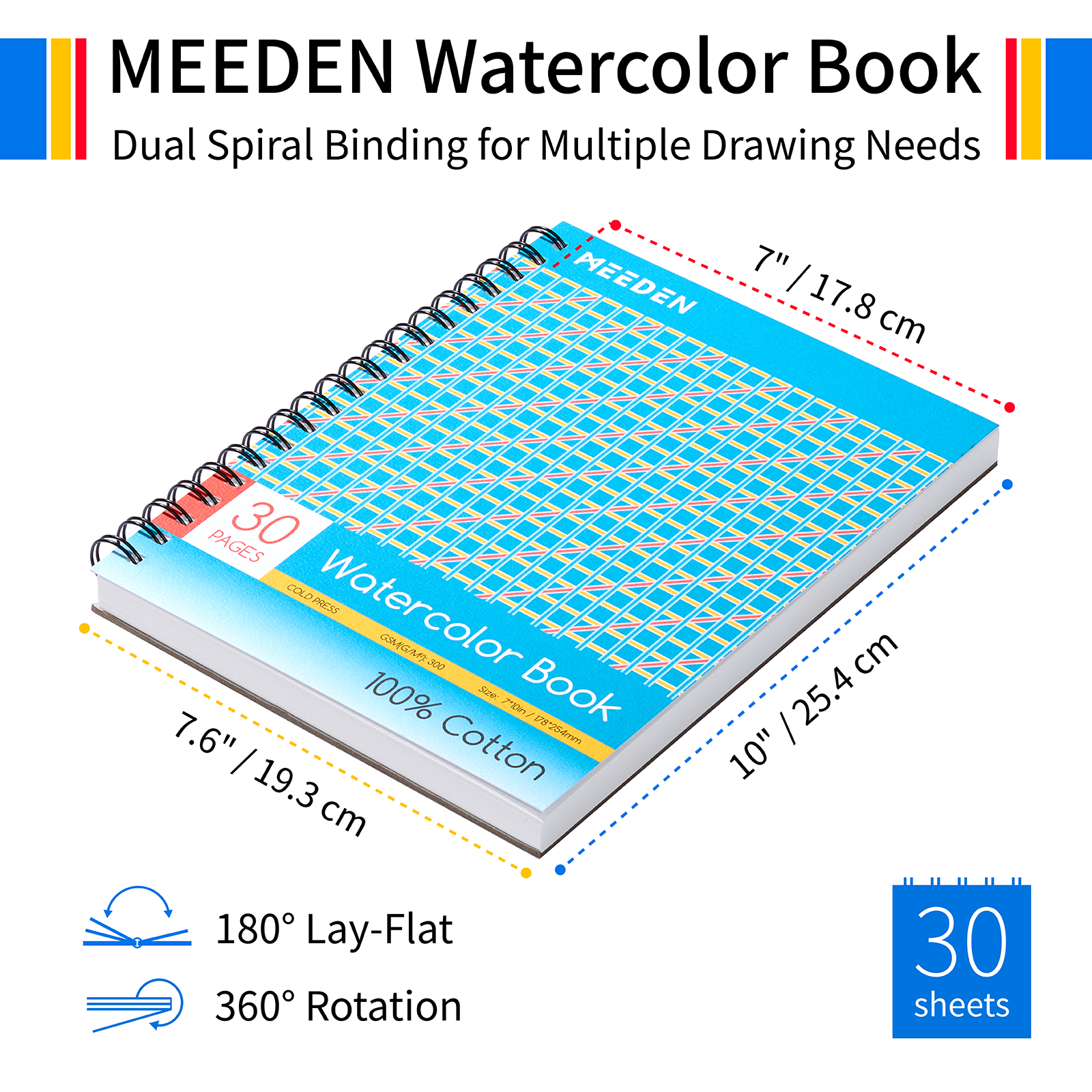 MEEDEN 100% Cotton Watercolor Sketchbook 300gsm Cold Press, 30 Sheets Spiral Bound