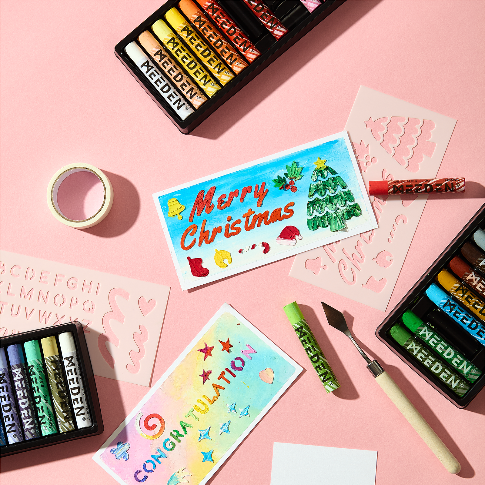 MEEDEN Soft Oil Pastel Kit, 90Pcs Complete Painting Set with Pastel Paper, Stencils & Palette Knives