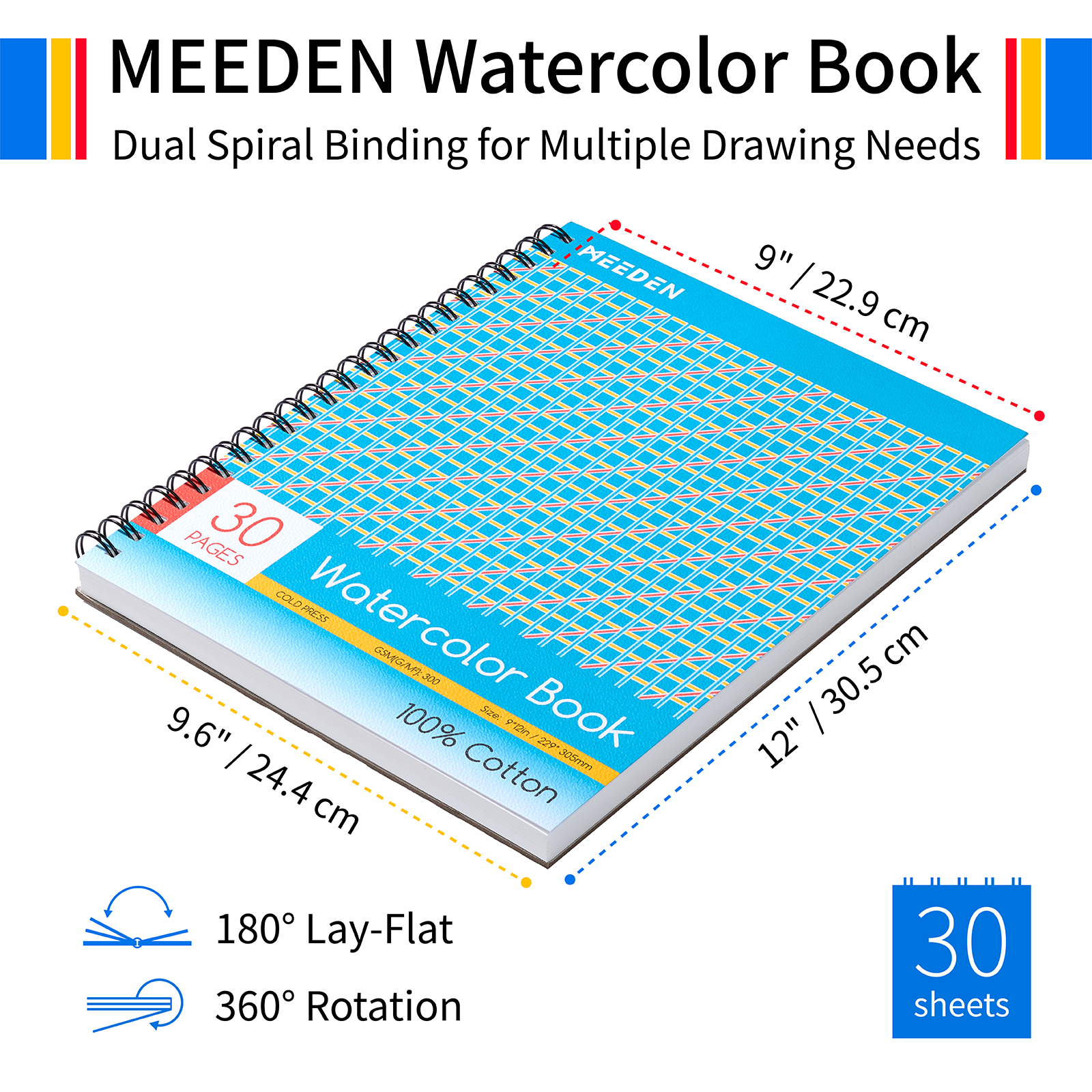 MEEDEN 100% Cotton Watercolor Sketchbook 300gsm Cold Press, 30 Sheets Spiral Bound
