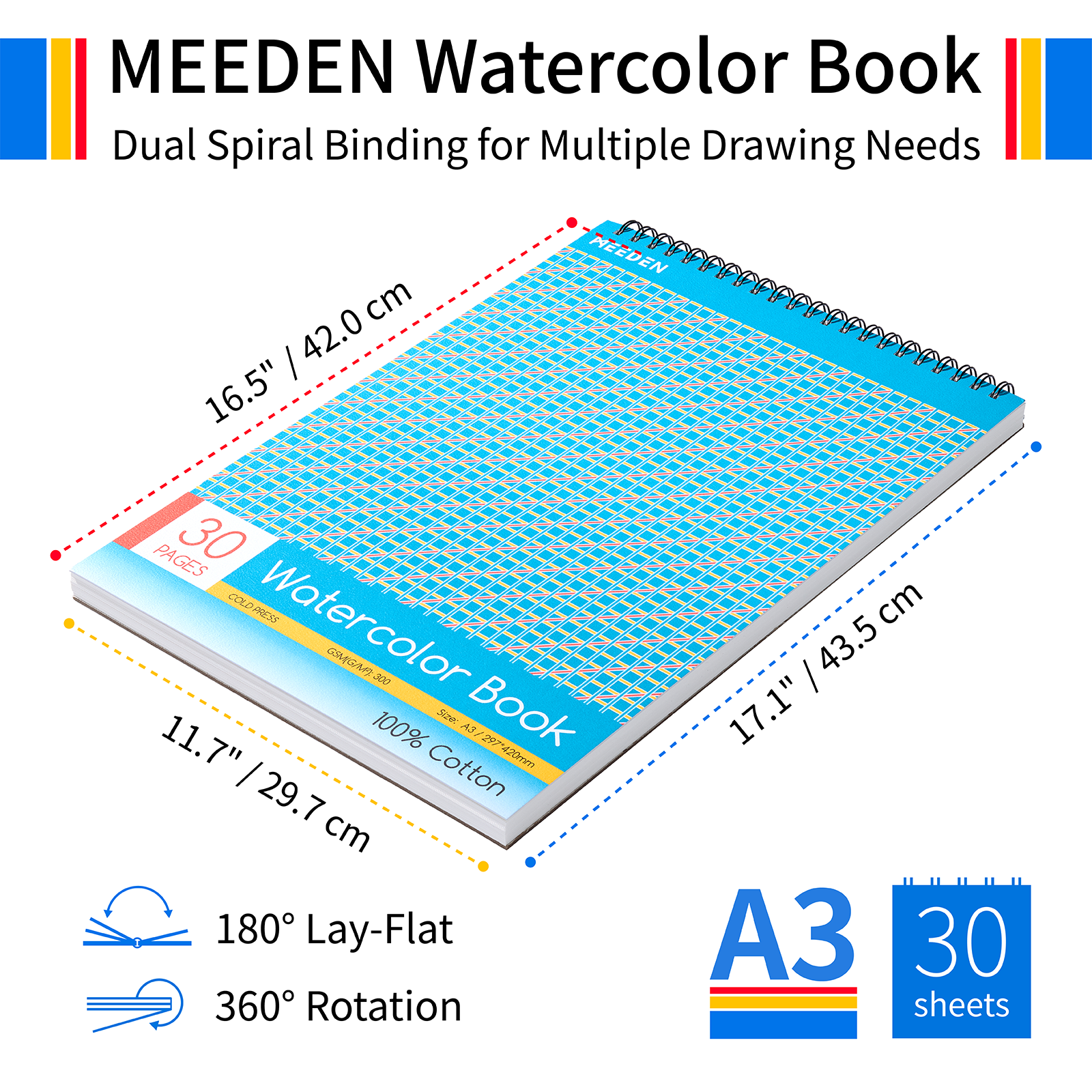 MEEDEN 100% Cotton Watercolor Sketchbook 300gsm Cold Press, 30 Sheets Spiral Bound