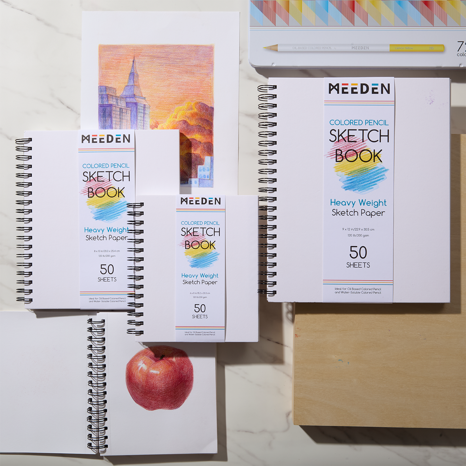 MEEDEN  100% Cotton Colored Pencil Sketchbook, 200gsm Hardcover Spiral Pad