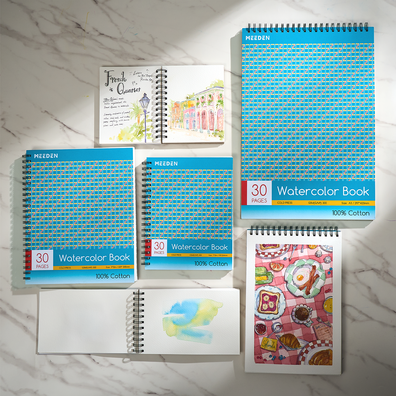 MEEDEN 100% Cotton Watercolor Sketchbook 300gsm Cold Press, 30 Sheets Spiral Bound