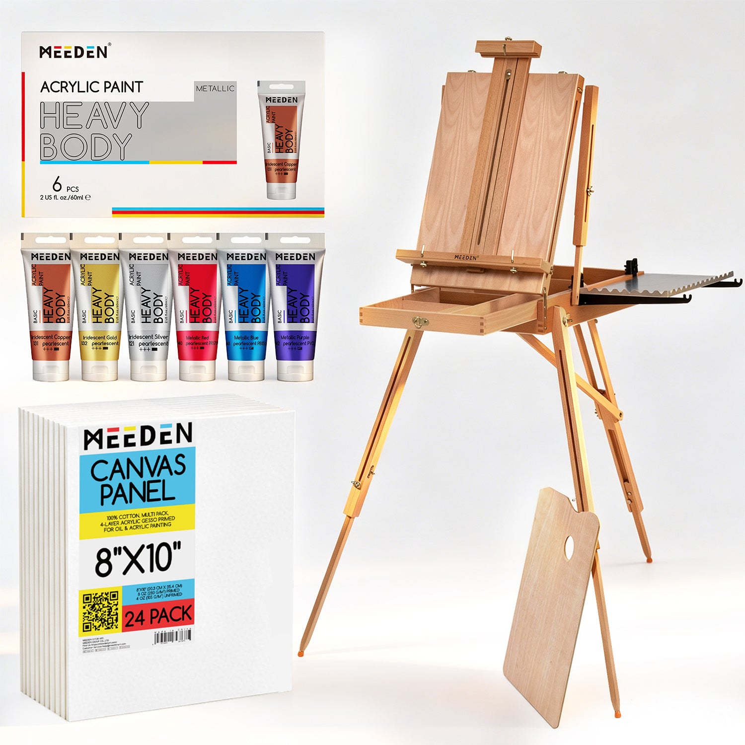 MEEDEN Foldable Easel, Metallic Acrylic Paint (6x60ml) & Cotton Canvas Boards Set