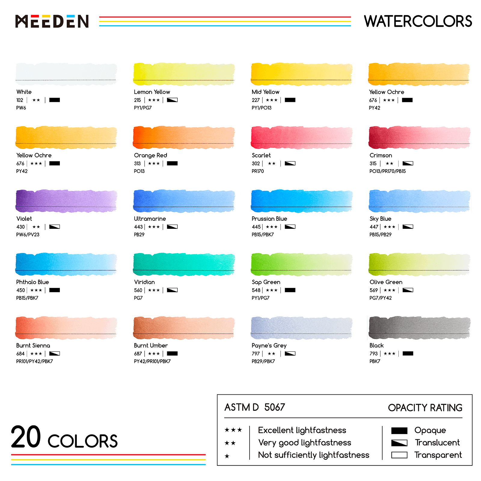 MEEDEN Professinal Watercolor Paint Set, 20 Colors 15ml/0.5oz
