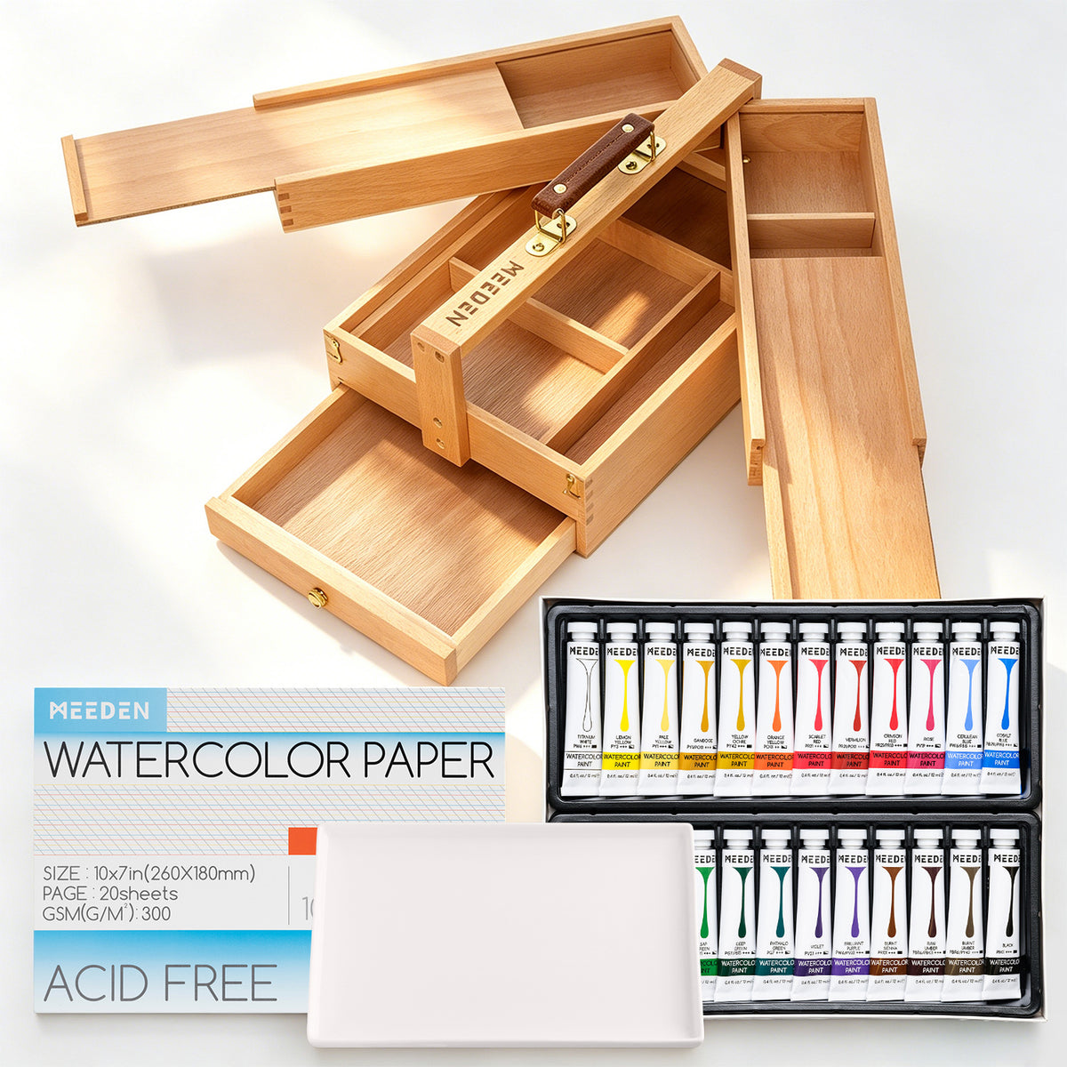 MEEDEN Wooden Storage Box, Hot Press Watercolor Paper, 24-Color Paint Set & Ceramic Tray Palette