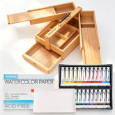 MEEDEN Wooden Storage Box, Hot Press Watercolor Paper, 24-Color Paint Set & Ceramic Tray Palette
