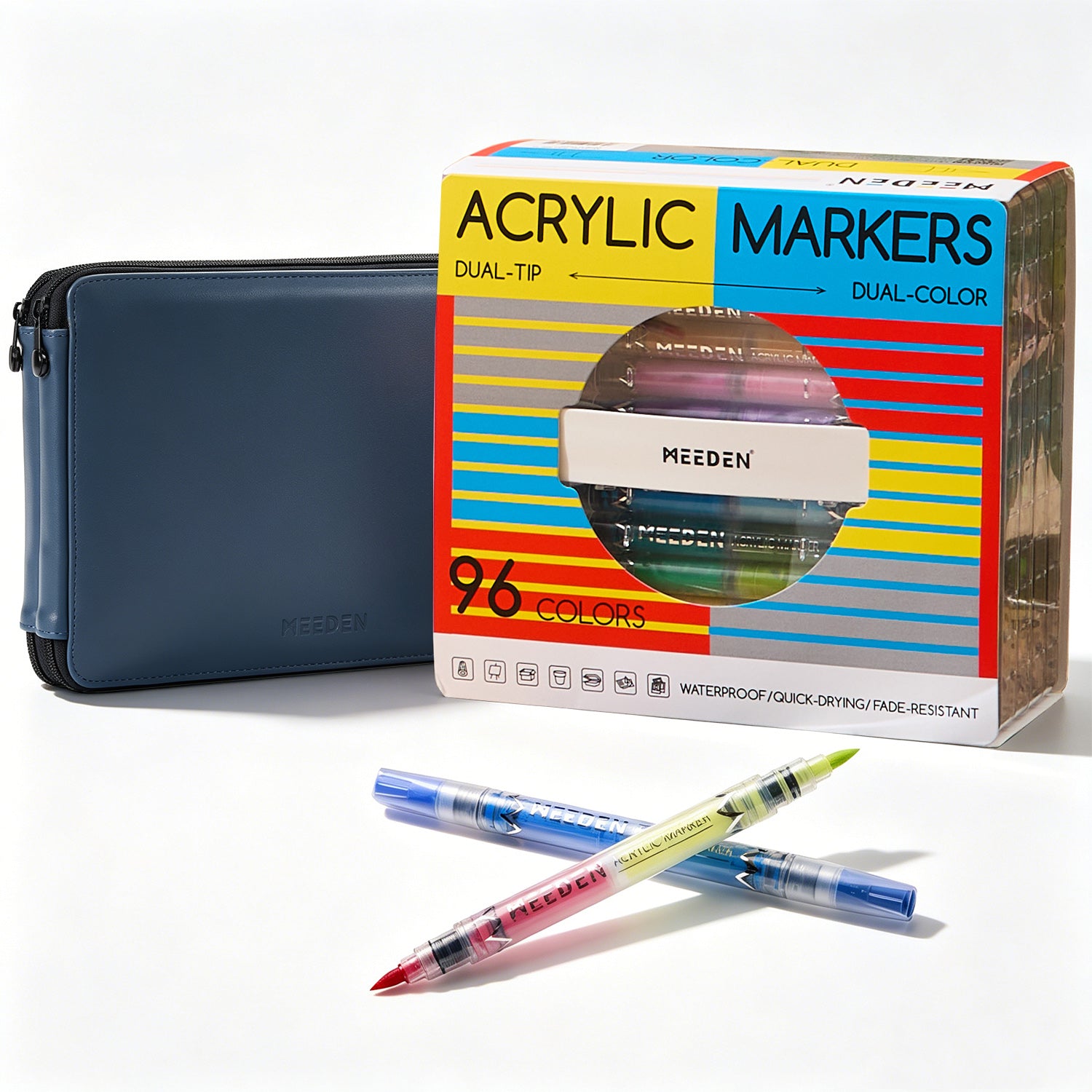 MEEDEN Leather Tri-Layer Organizer Case & 96-Color Dual Tip Acrylic Markers Set