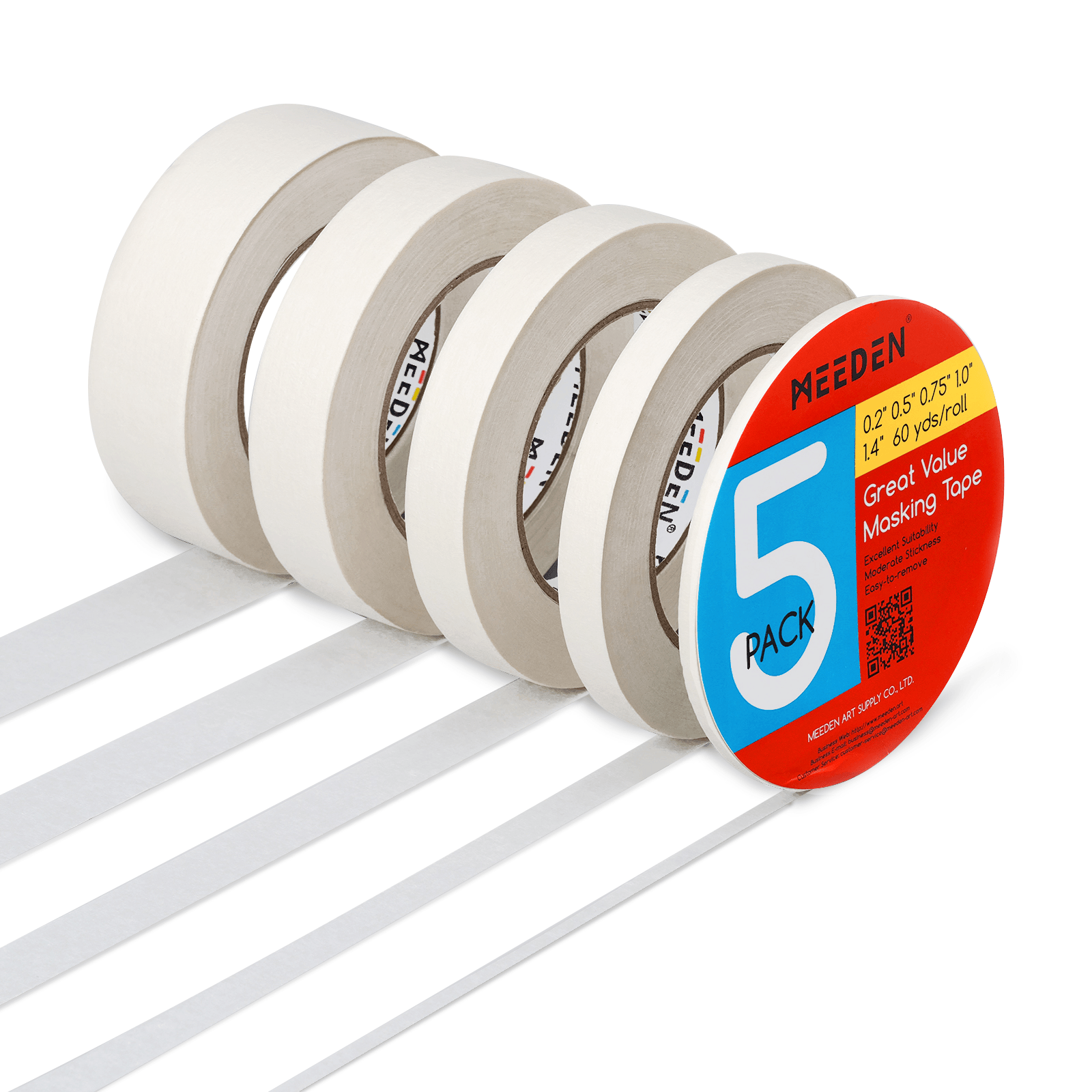 MEEDEN 5 Packs Multi-Sized Masking Acid-Free White Artist Tape, 0.2" 0.5" 0.75" 1.0" 1.4" x 60 Yard