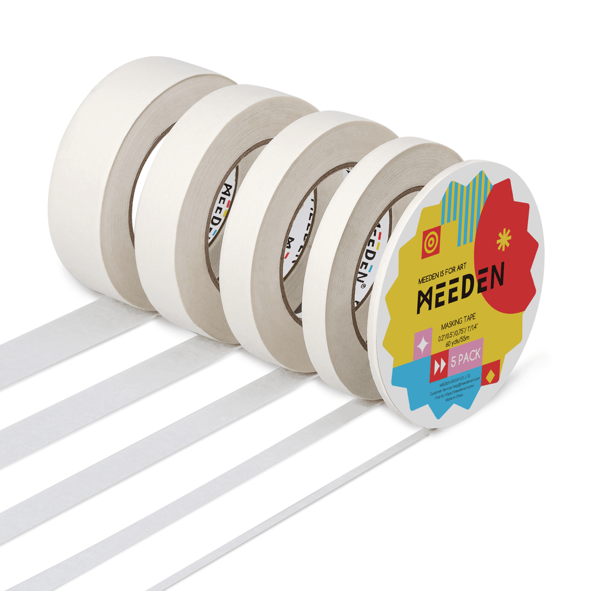 MEEDEN 5 Packs Multi-Sized Masking Acid-Free White Artist Tape, 0.2" 0.5" 0.75" 1.0" 1.4" x 60 Yard