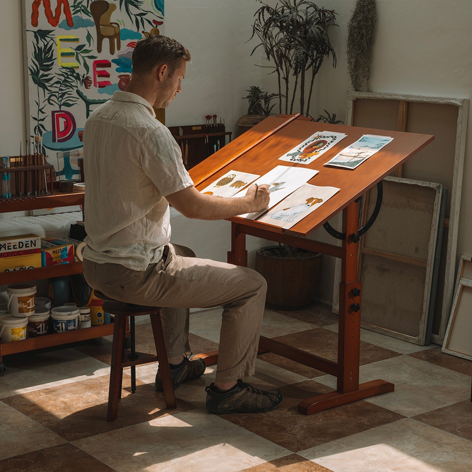 MEEDEN Extra Large Wooden Drafting Table, Light Walnut