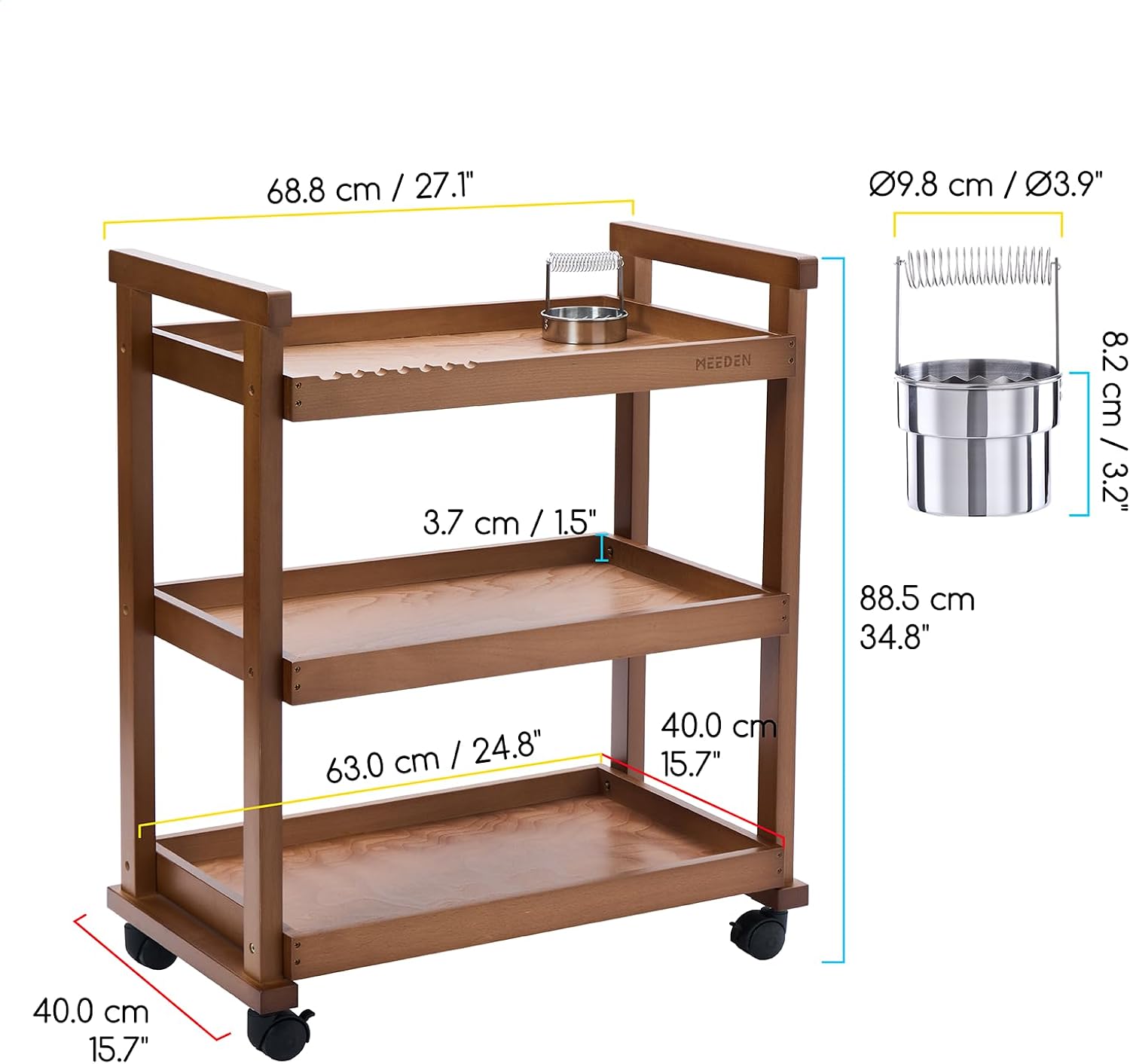 MEEDEN Rolling Art Cart, Solid Beechwood 3-Tier Storage Trolley - Light Walnut - W13