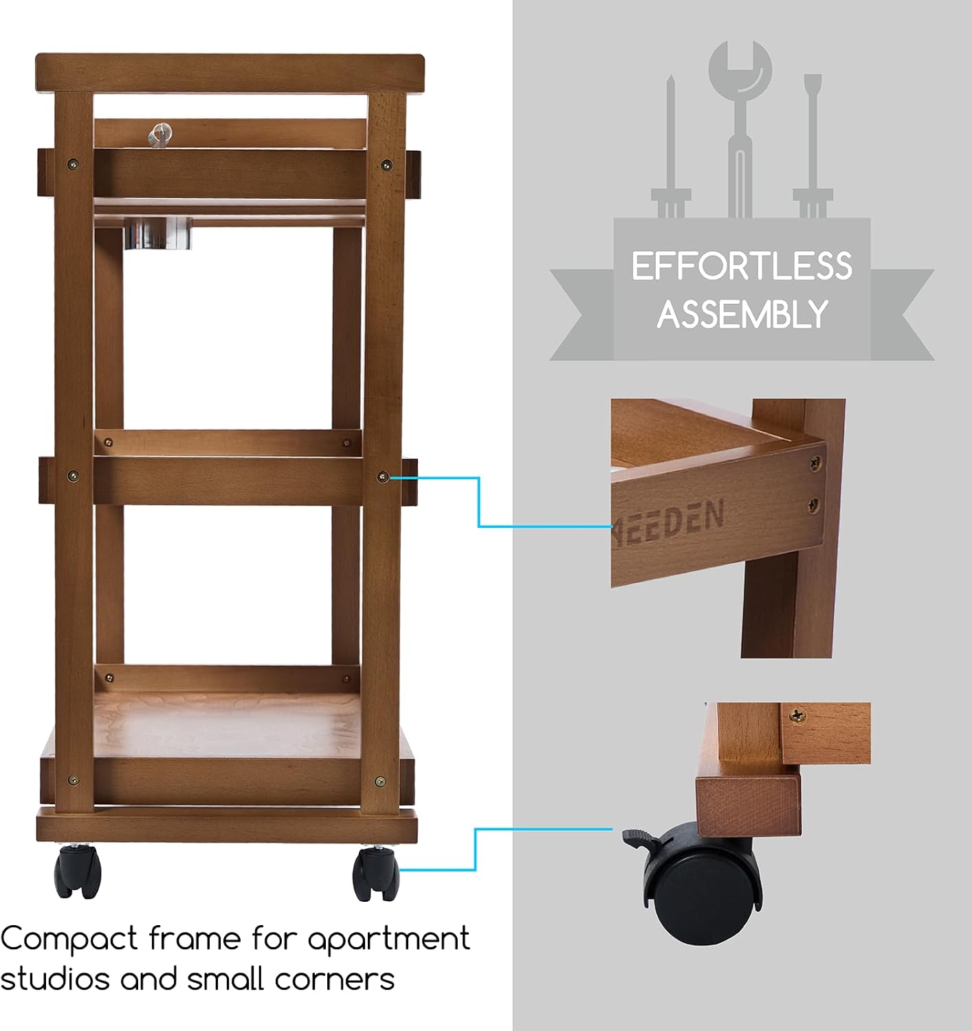MEEDEN Rolling Art Cart, Solid Beechwood 3-Tier Storage Trolley - Light Walnut - W13