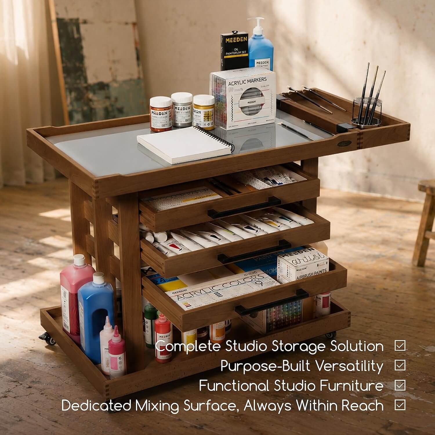 MEEDEN Extra Large Artist Supplies Storage Cart, 5-Tier Taboret with 3 Drawers-Walnut