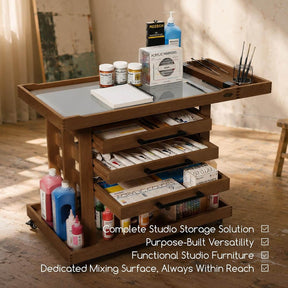 MEEDEN Extra Large Artist Supplies Storage Cart, 5-Tier Taboret with 3 Drawers-Walnut