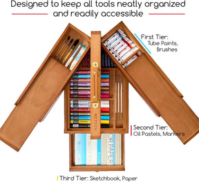 MEEDEN Solid Beechwood Art Supply Storage Box – Portable Foldable Organizer with Drawer