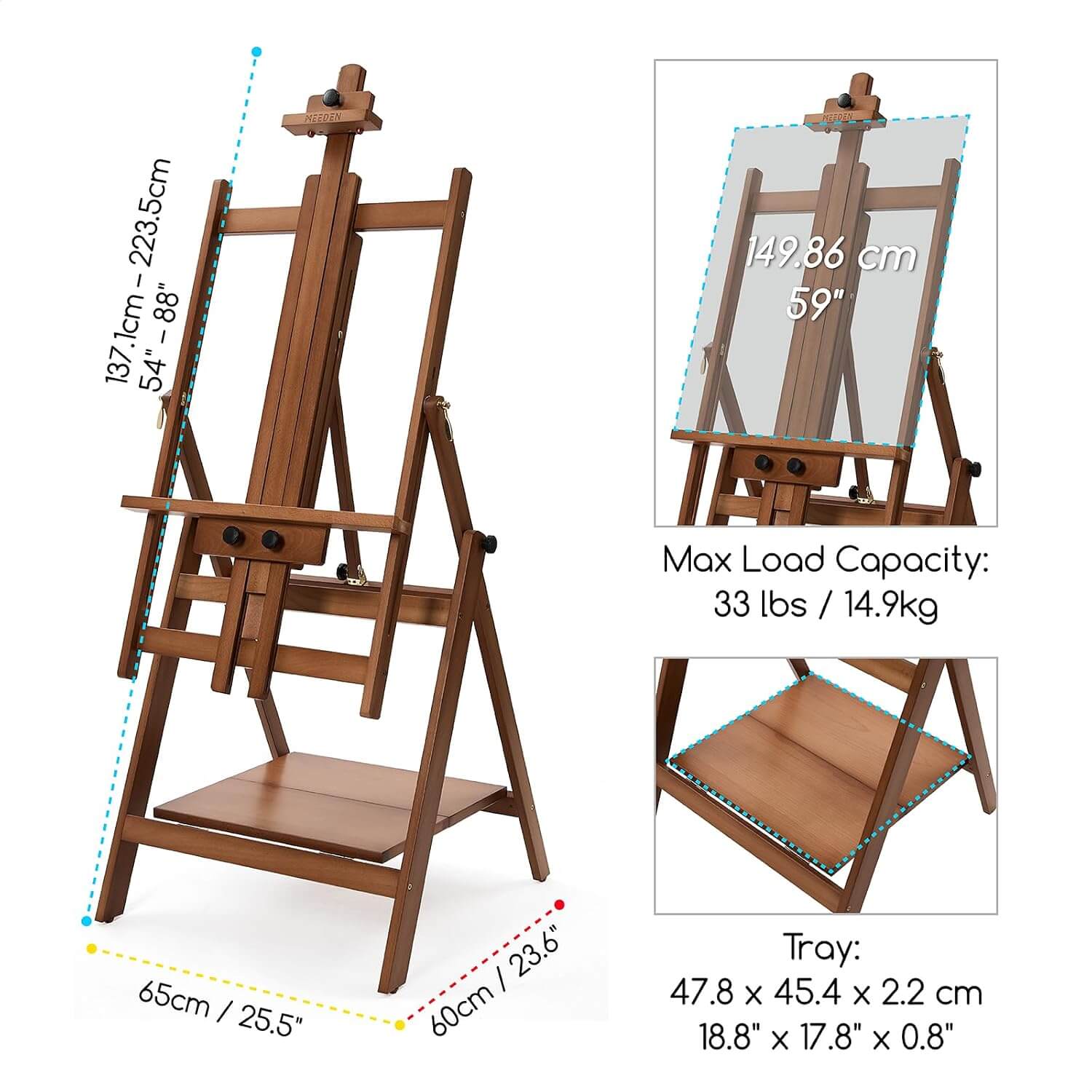 MEEDEN Heavy Duty H-Frame Easel, Adjustable & Tiltable, Walnut - W10B