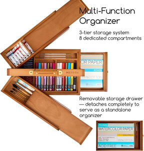 MEEDEN Solid Beechwood Art Supply Storage Box – Portable Foldable Organizer with Drawer