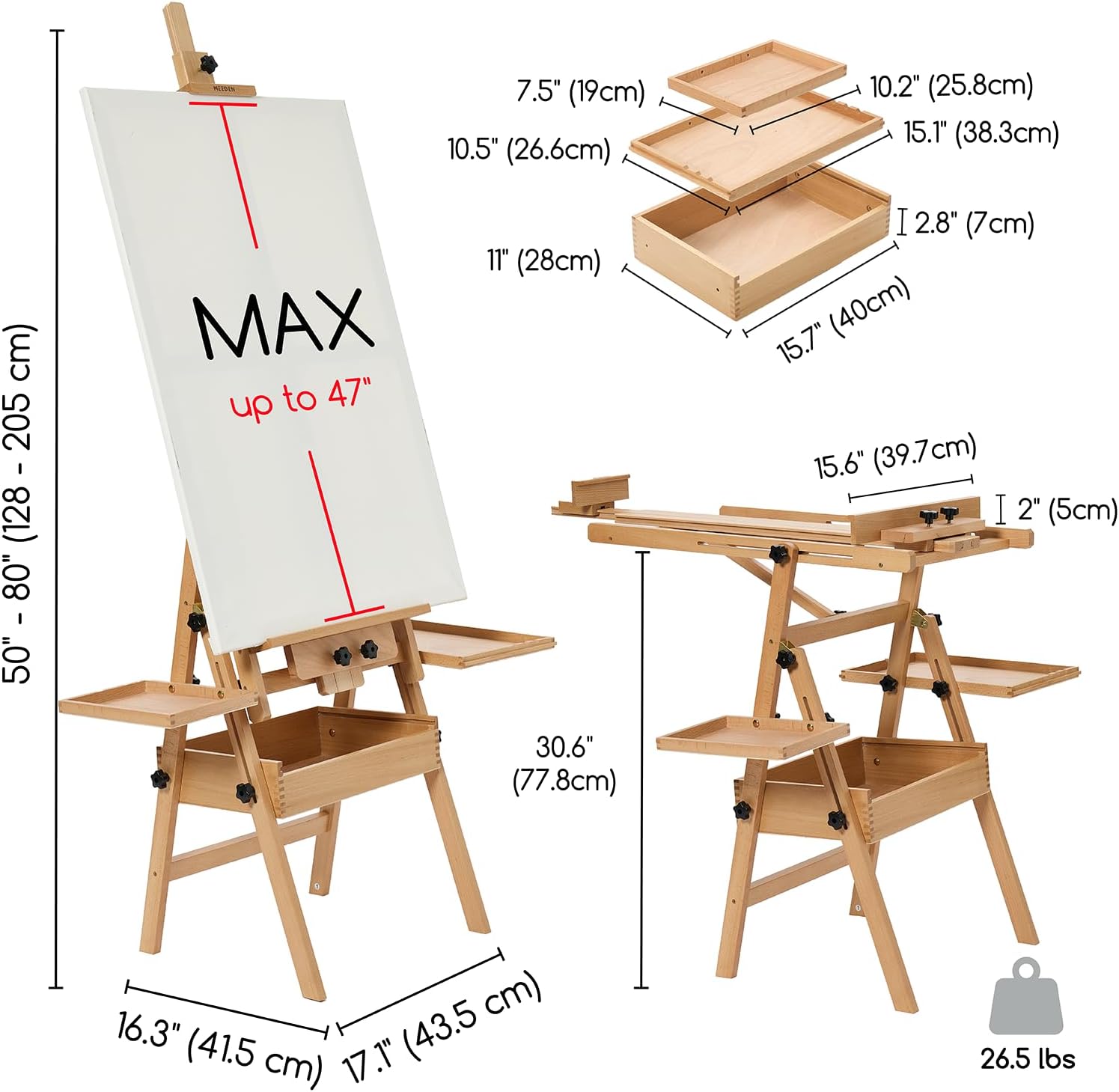 MEEDEN H-Frame Beech Wood Natural Art Easel with Storage, Adjustable 50"-80" H