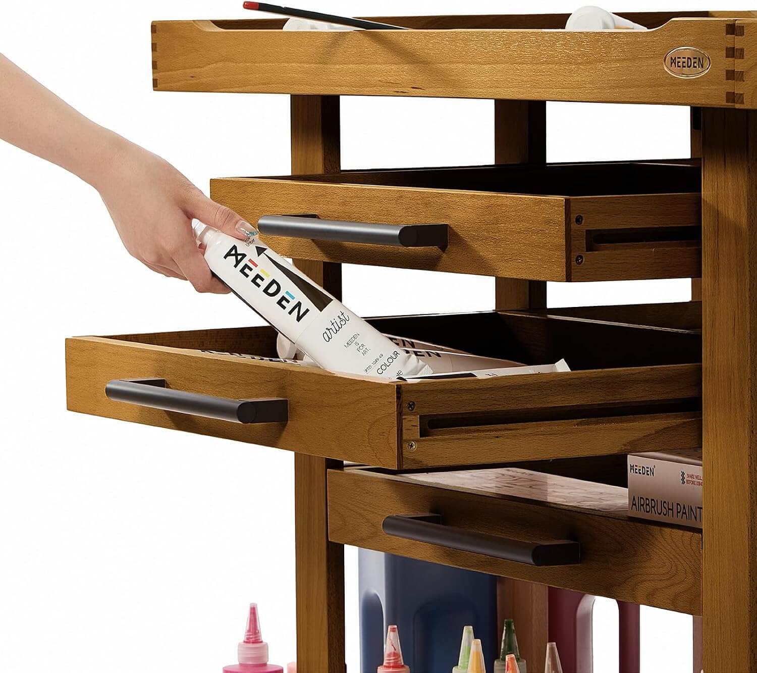 MEEDEN Extra Large Artist Supplies Storage Cart, 5-Tier Taboret with 3 Drawers-Walnut