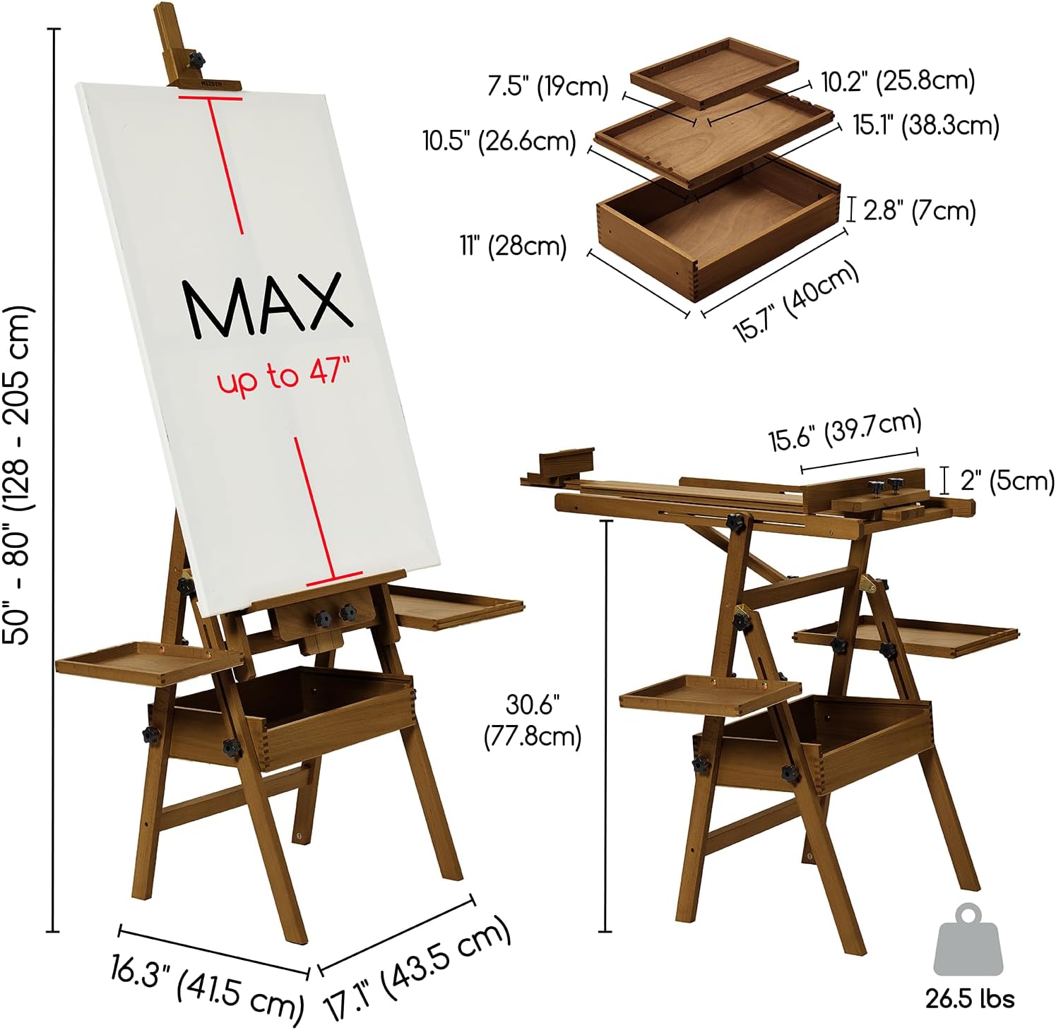 MEEDEN H-Frame Beech Wood Walnut Art Easel with Storage, Adjustable 50"-80" H