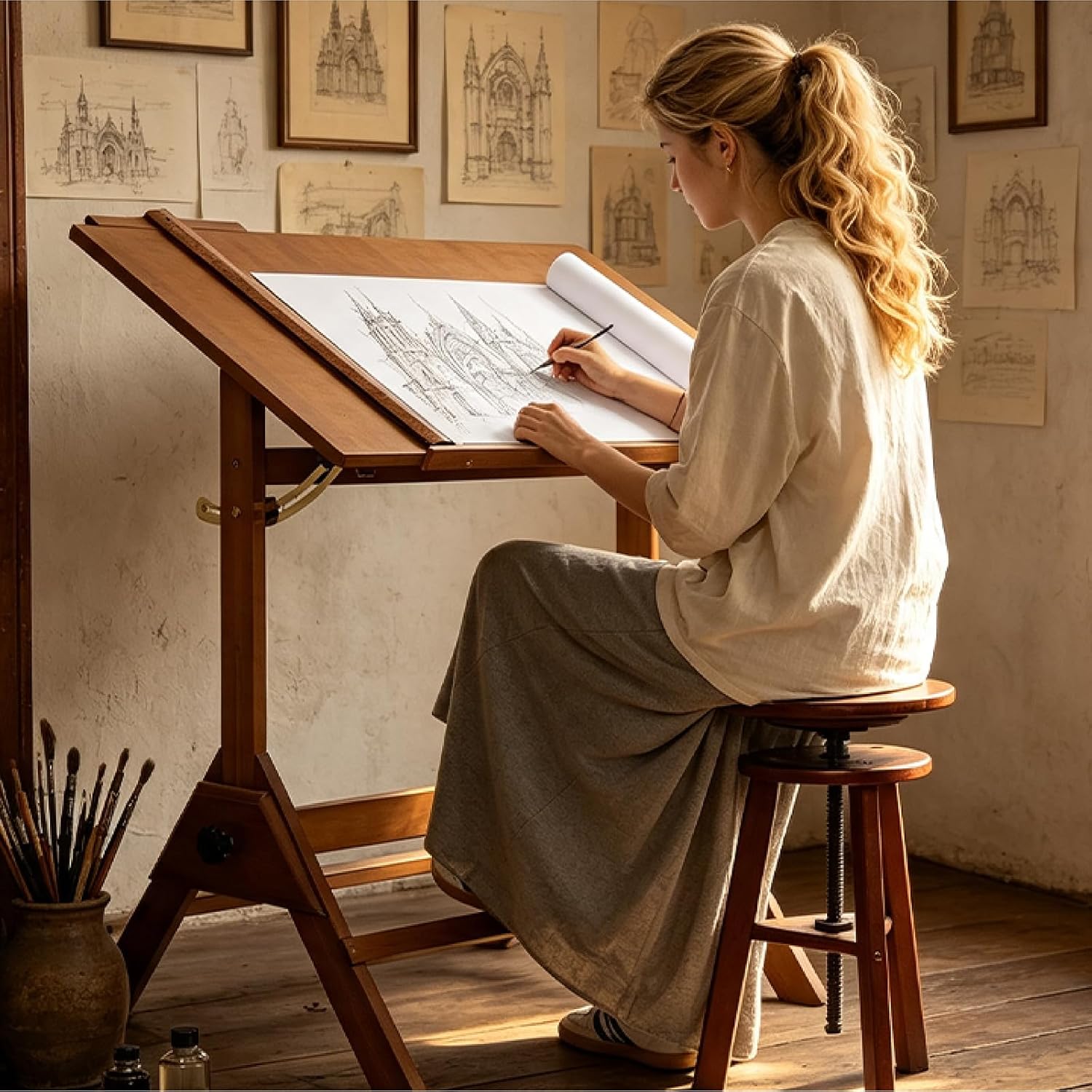 MEEDEN Adjustable Drafting Table – Solid Wood Art Desk, Light Walnut-XSZ