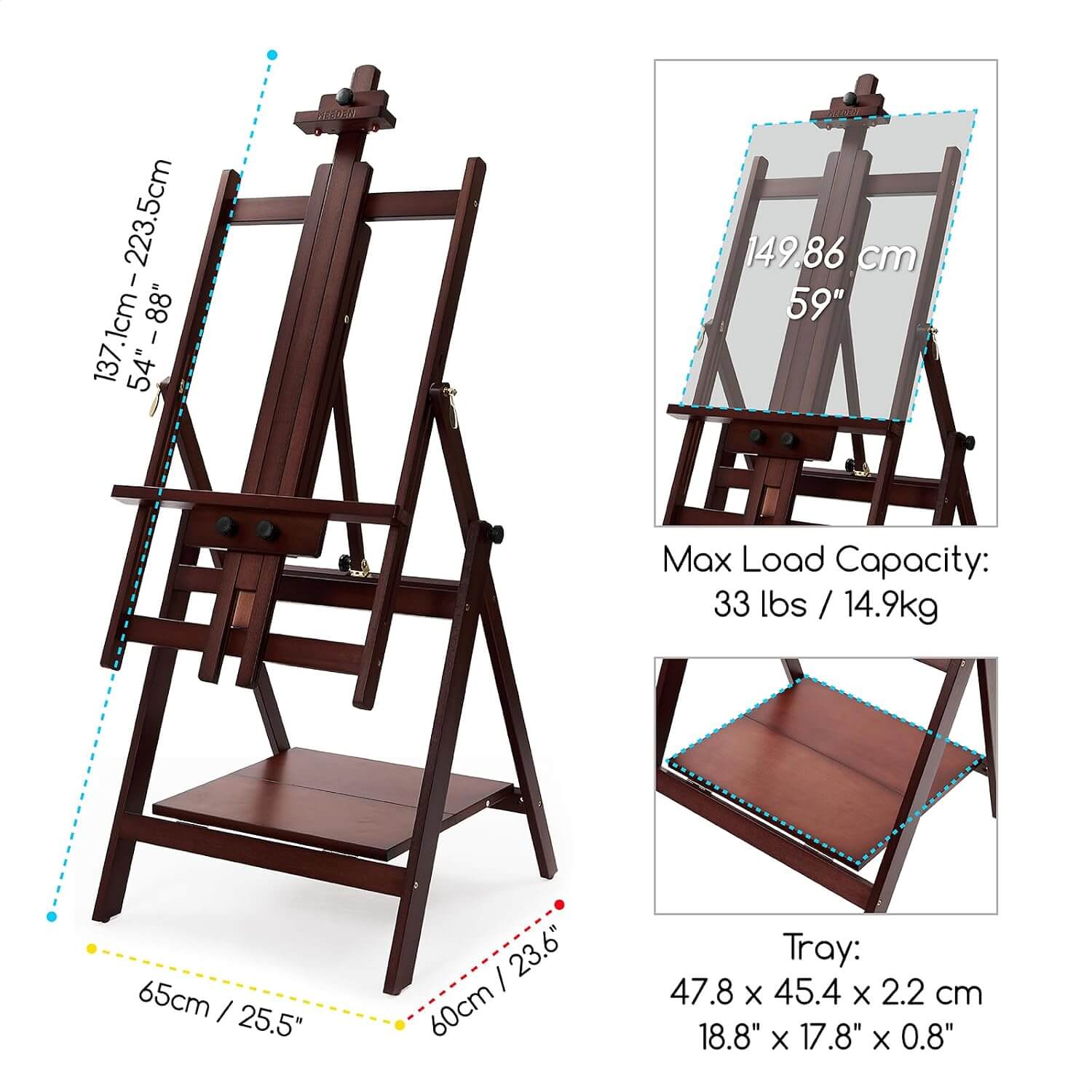 MEEDEN Heavy Duty H-Frame Easel, Adjustable & Tiltable, Deep Walnut - W10B