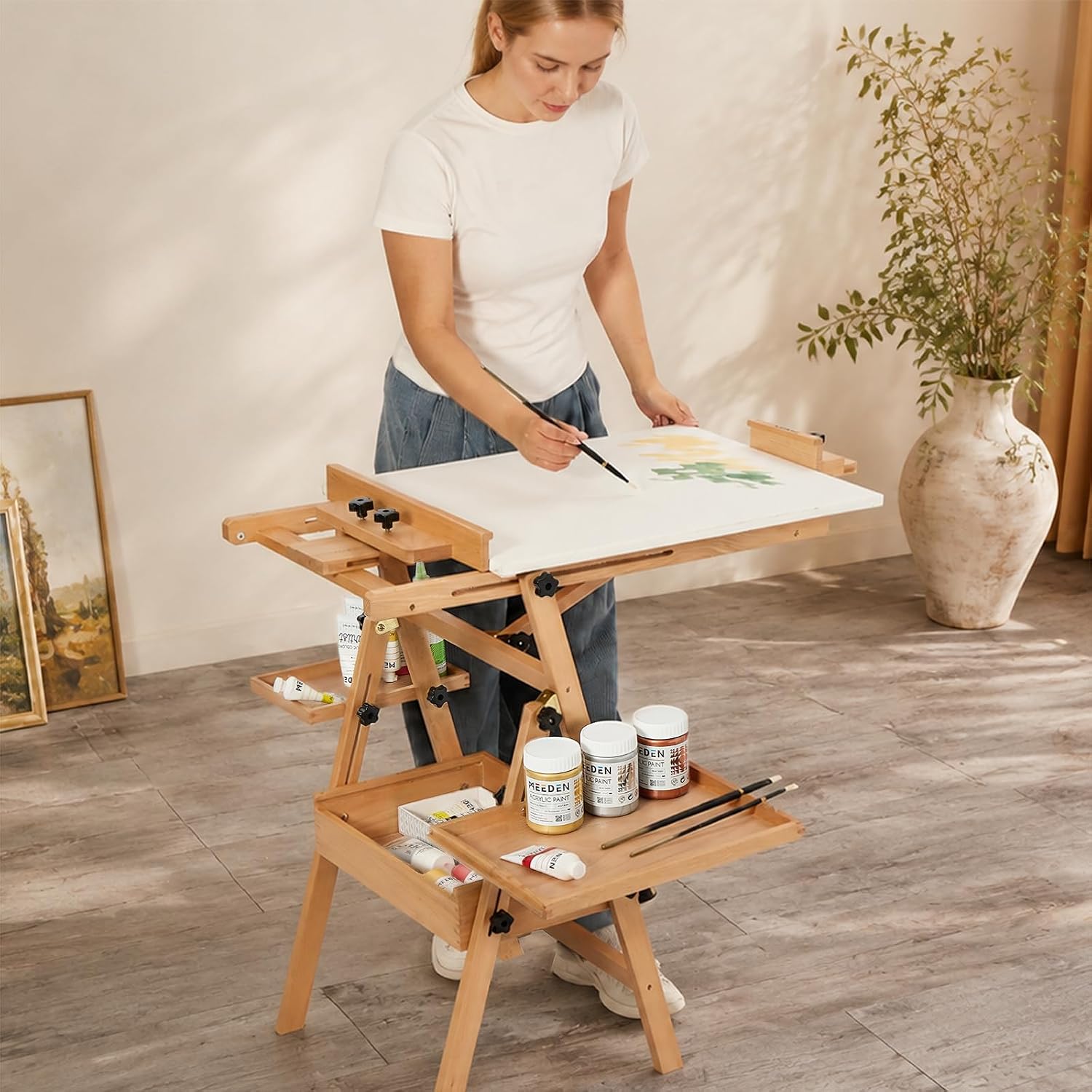 MEEDEN H-Frame Beech Wood Natural Art Easel with Storage, Adjustable 50"-80" H