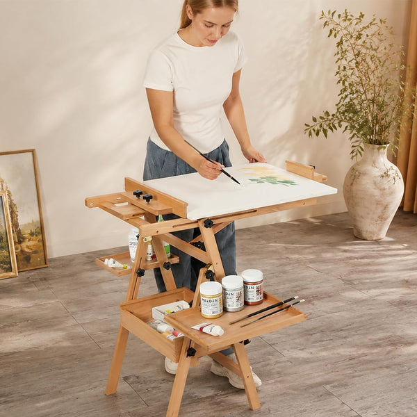 MEEDEN H-Frame Beech Wood Natural Art Easel with Storage, Adjustable 50"-80" H