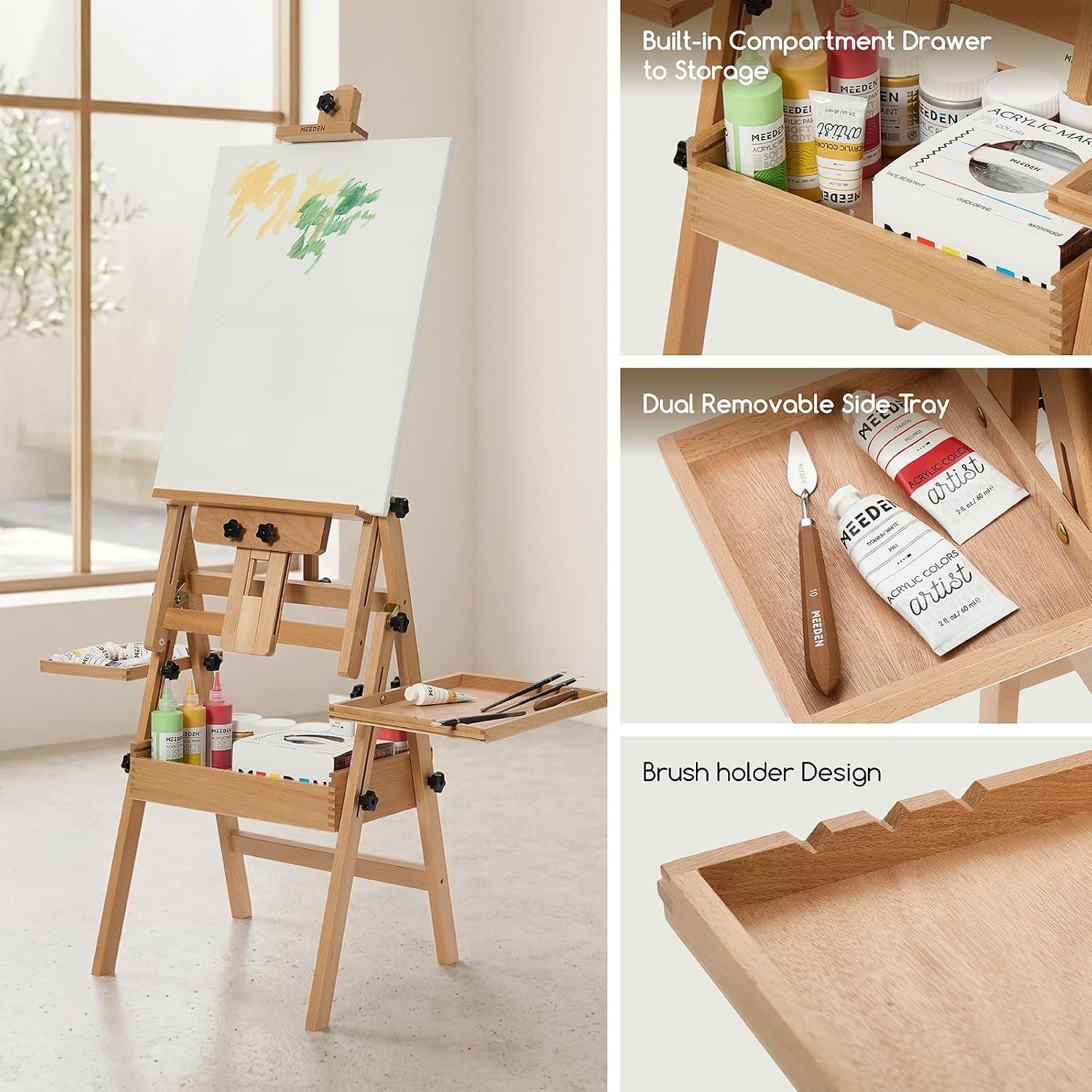 MEEDEN H-Frame Beech Wood Natural Art Easel with Storage, Adjustable 50"-80" H