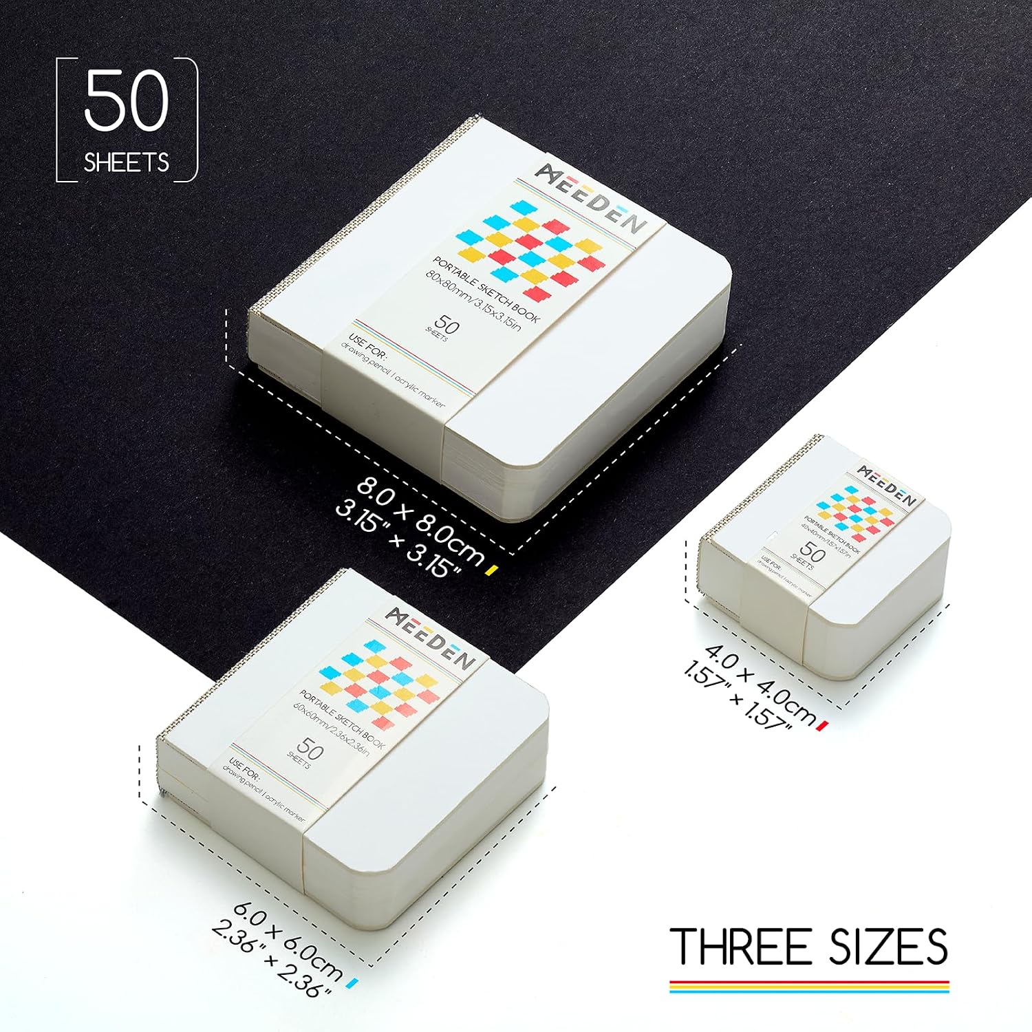MEEDEN Mini Sketchbook Set – 190gsm Portable Drawing Paper, 3 Sizes, 150 Pages