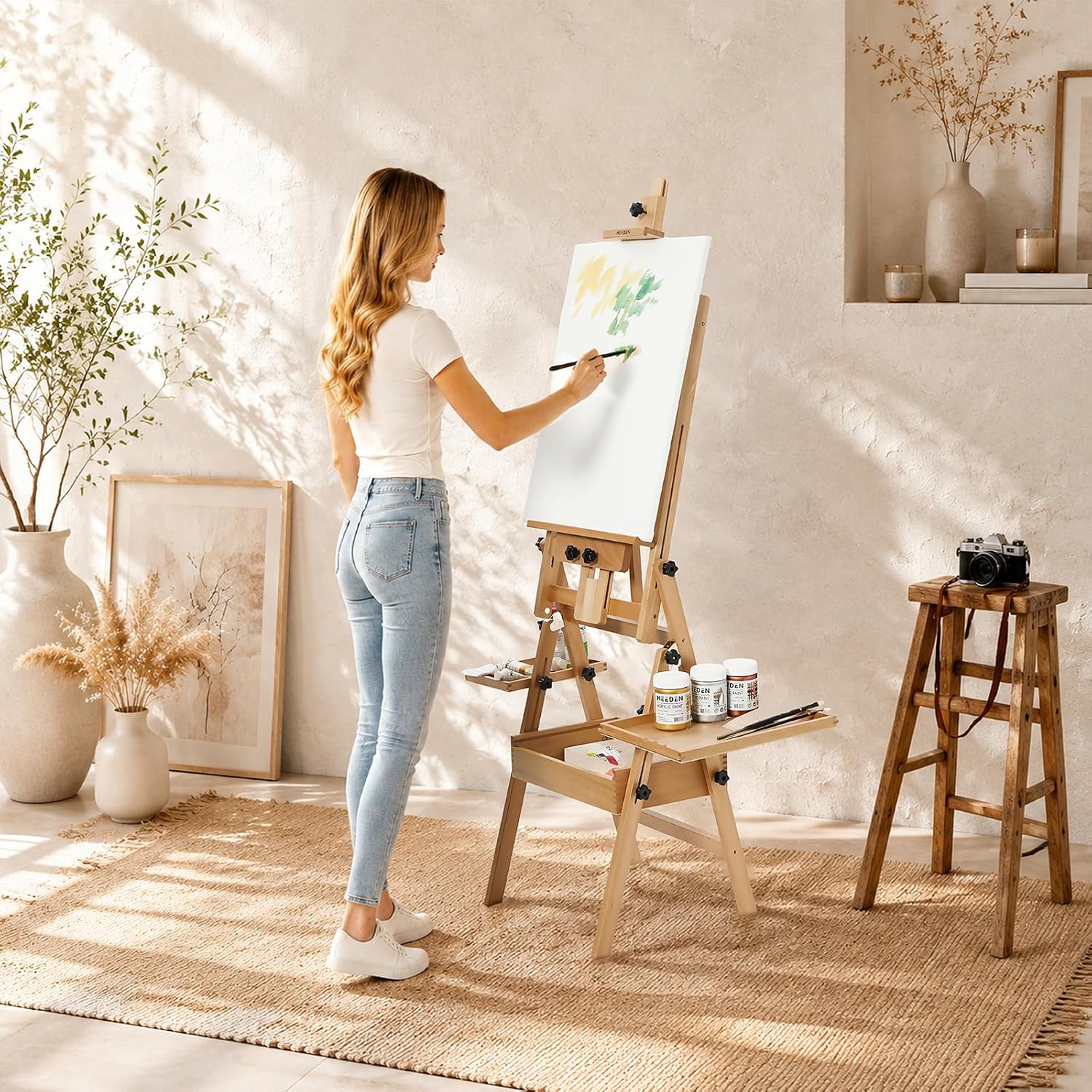 MEEDEN H-Frame Beech Wood Natural Art Easel with Storage, Adjustable 50"-80" H