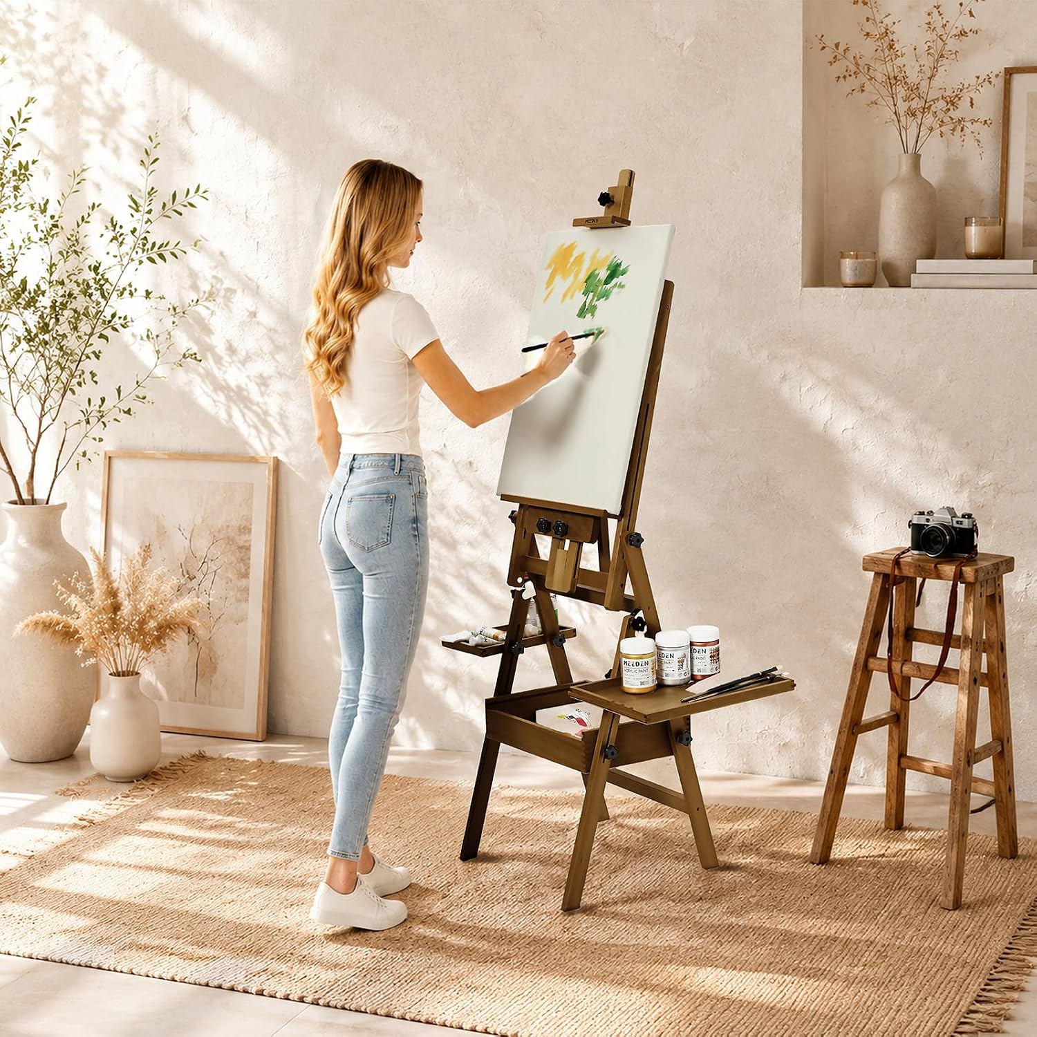 MEEDEN H-Frame Beech Wood Walnut Art Easel with Storage, Adjustable 50"-80" H