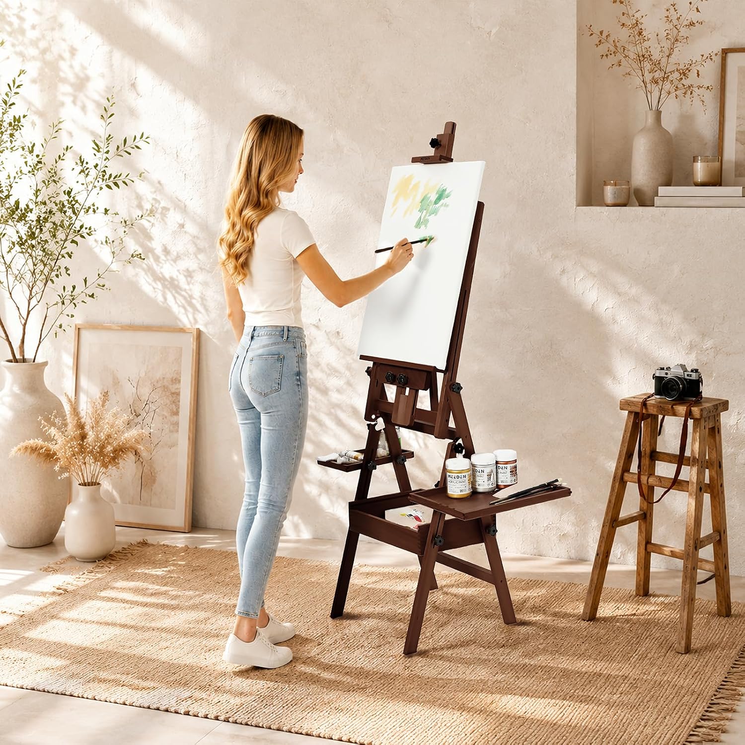 MEEDEN H-Frame Beech Wood Deep Walnut Art Easel with Storage, Adjustable 50"-80" H