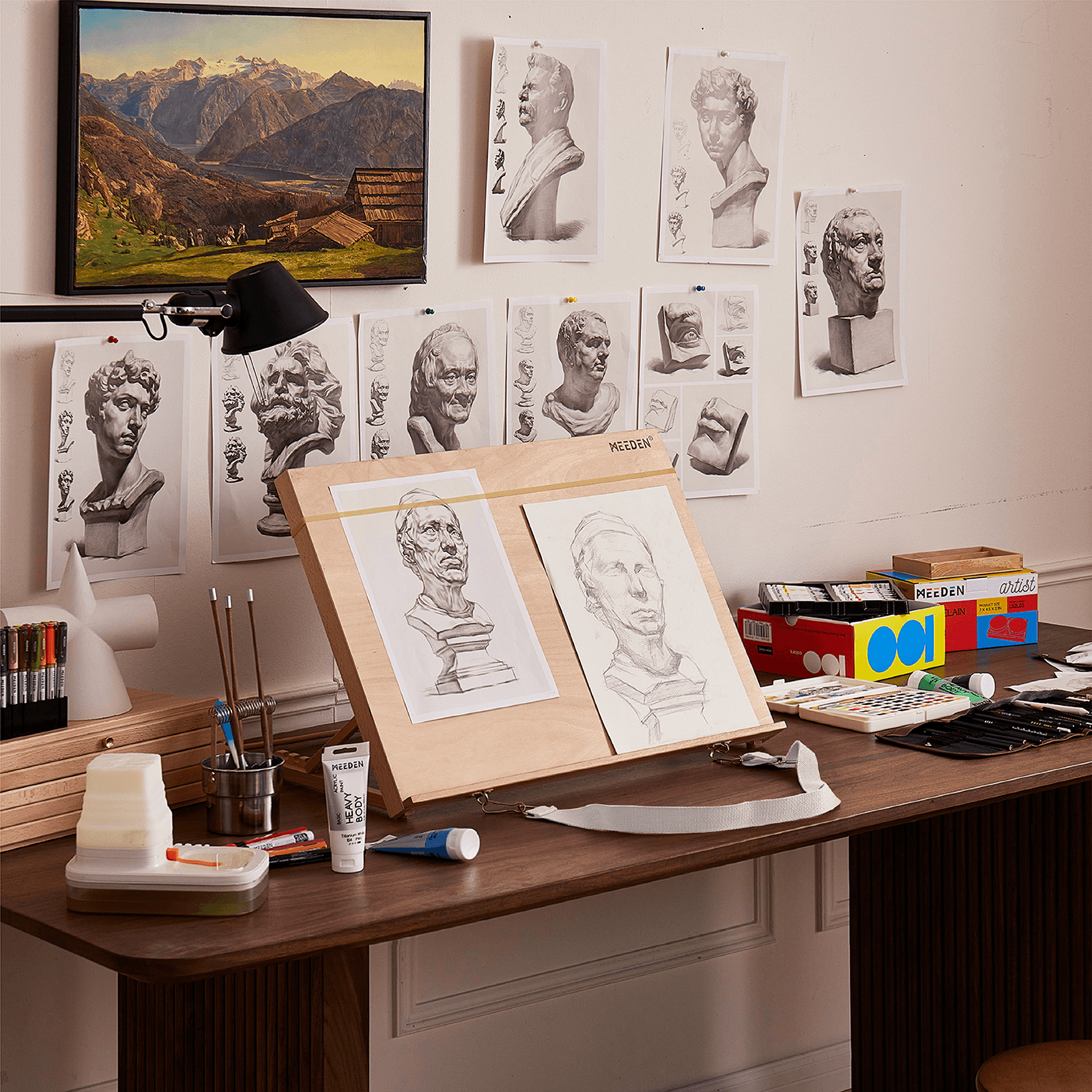 MEEDEN Wooden Tabletop Easel – 5-Position Adjustable Drawing Board with Shoulder Strap, Walnut-A2