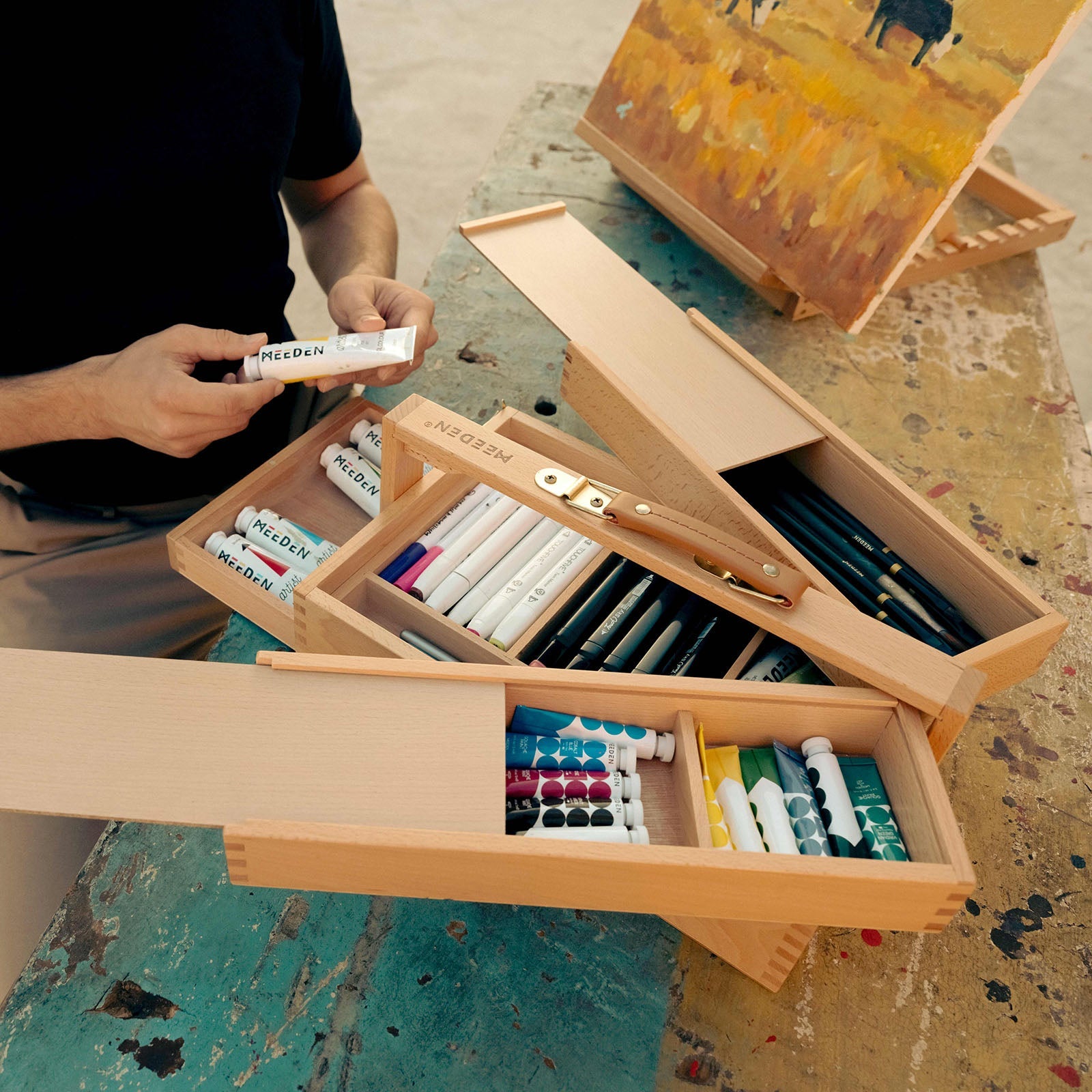 MEEDEN Wooden Artist Storage Box – Portable Foldable Organizer with Drawer