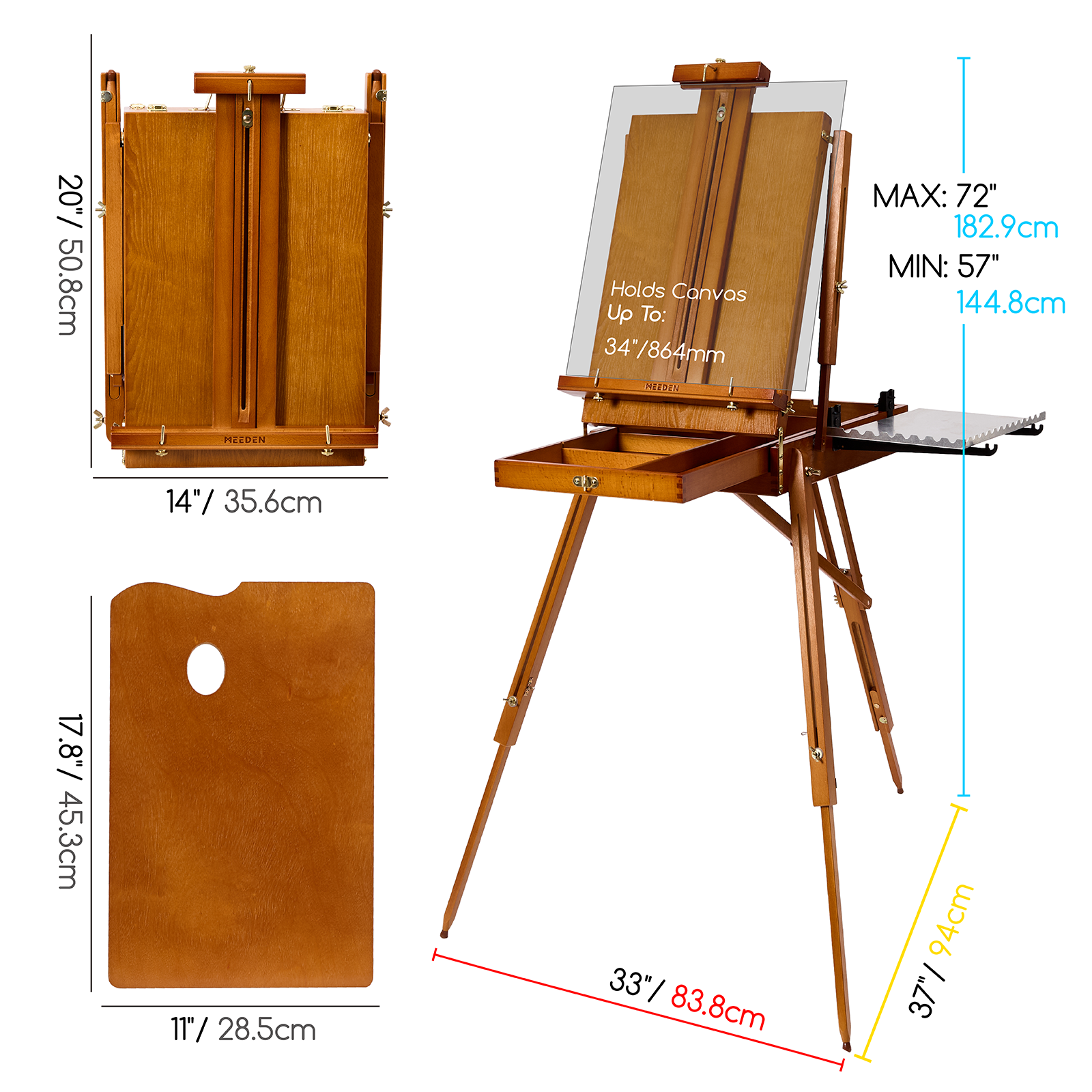 MEEDEN Foldable Beechwood French Easel with Drawer, Palette & Metal Tray HX-3 Light Teak