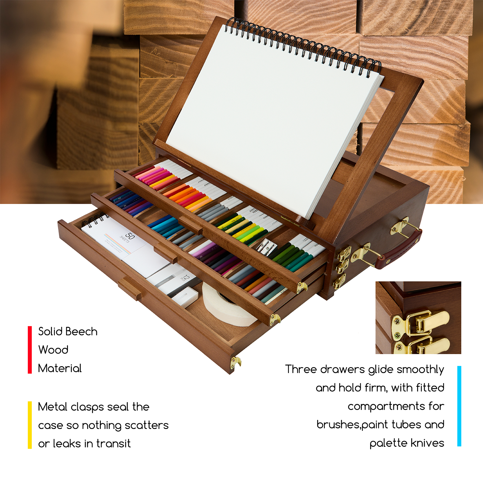 MEEDEN Large Adjustable Artist Tabletop Easel Sketchbox-Walnut XHH-03