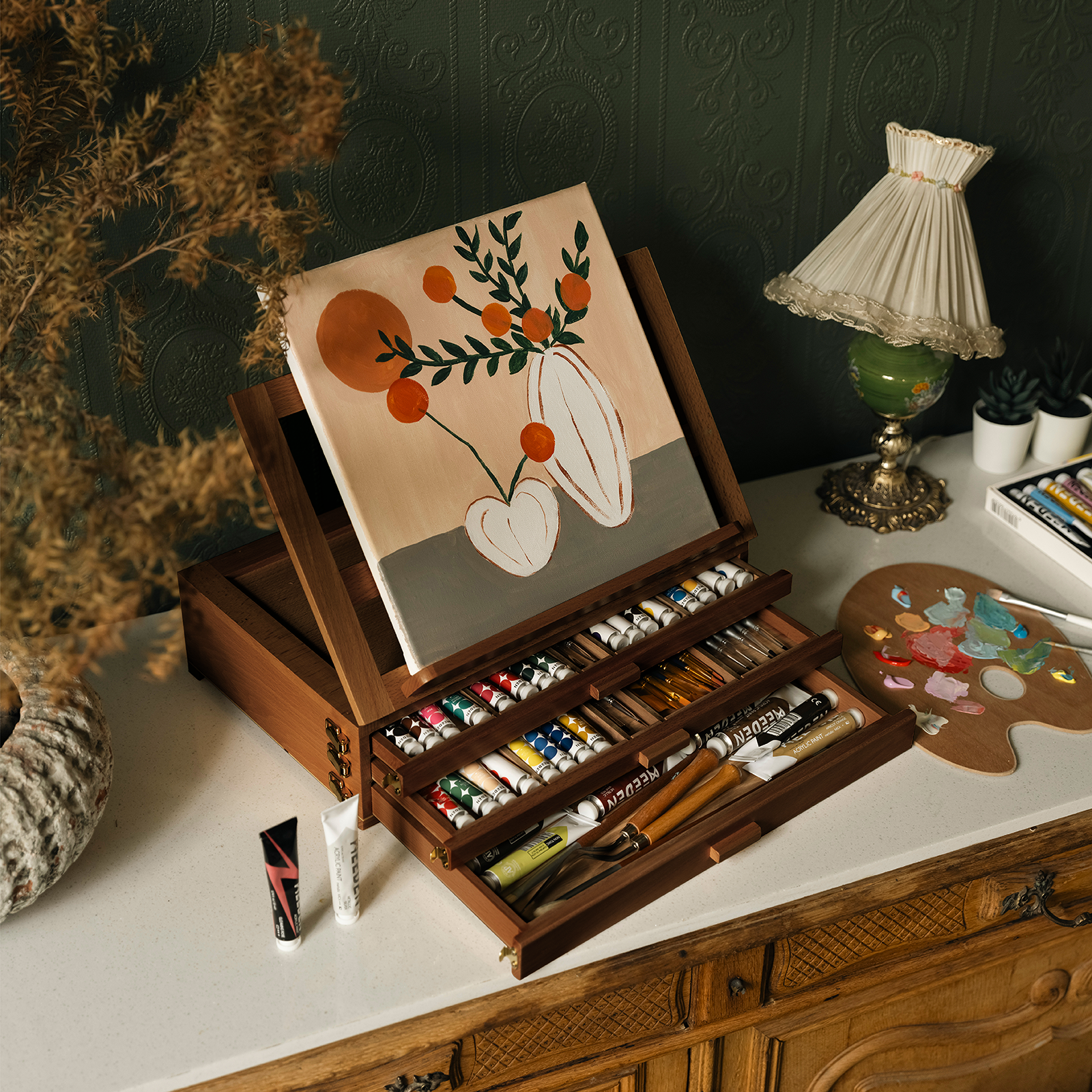 MEEDEN Large Adjustable Artist Tabletop Easel Sketchbox-Walnut XHH-03