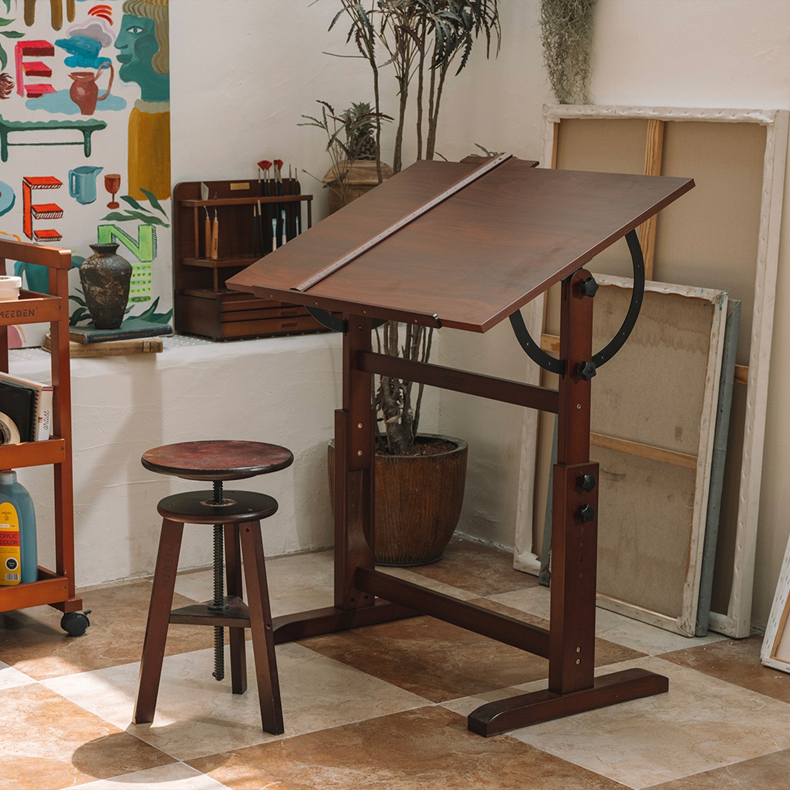 MEEDEN Vintage Adjustable Wooden Drafting Table & Stool Set-XSZ-4