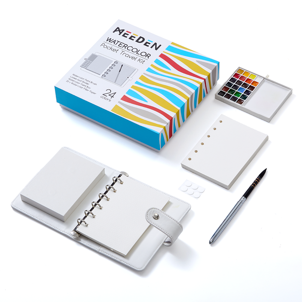 MEEDEN Travel Watercolor Sketch Set, 24 Colors Portable Painting Kit with Paper Brush Palette